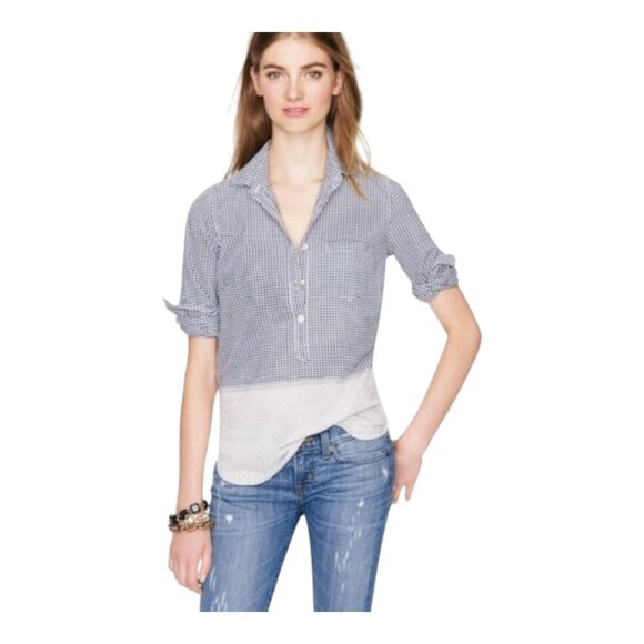 J. Crew Mixed Print Gingham & Striped Long Sleeve Popover Shirt Preppy Women's 0 - Picture 1 of 8